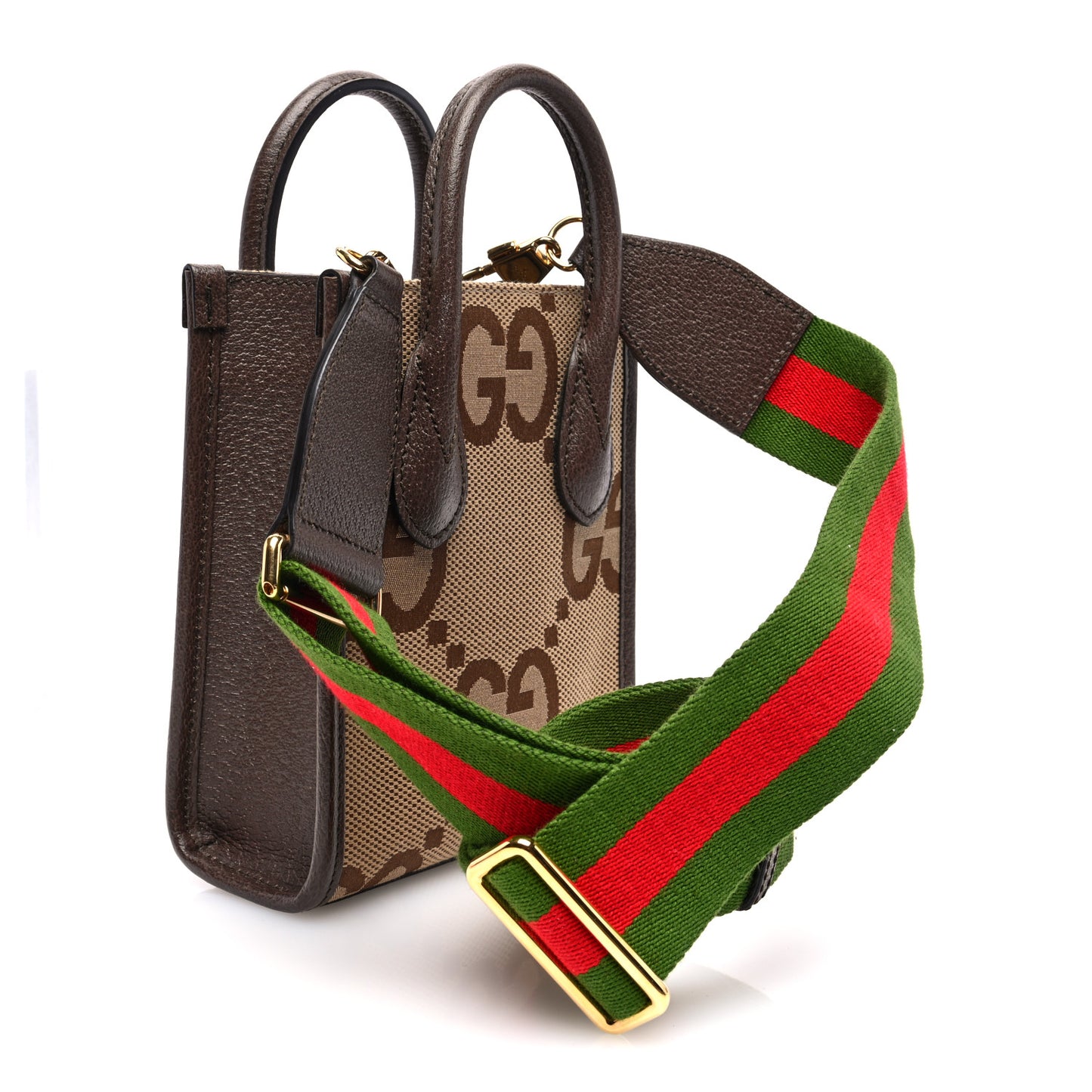 Monogram Jumbo GG Textured Dollar Calfskin Web Mini Vertical Tote Camel Ebony New Acero