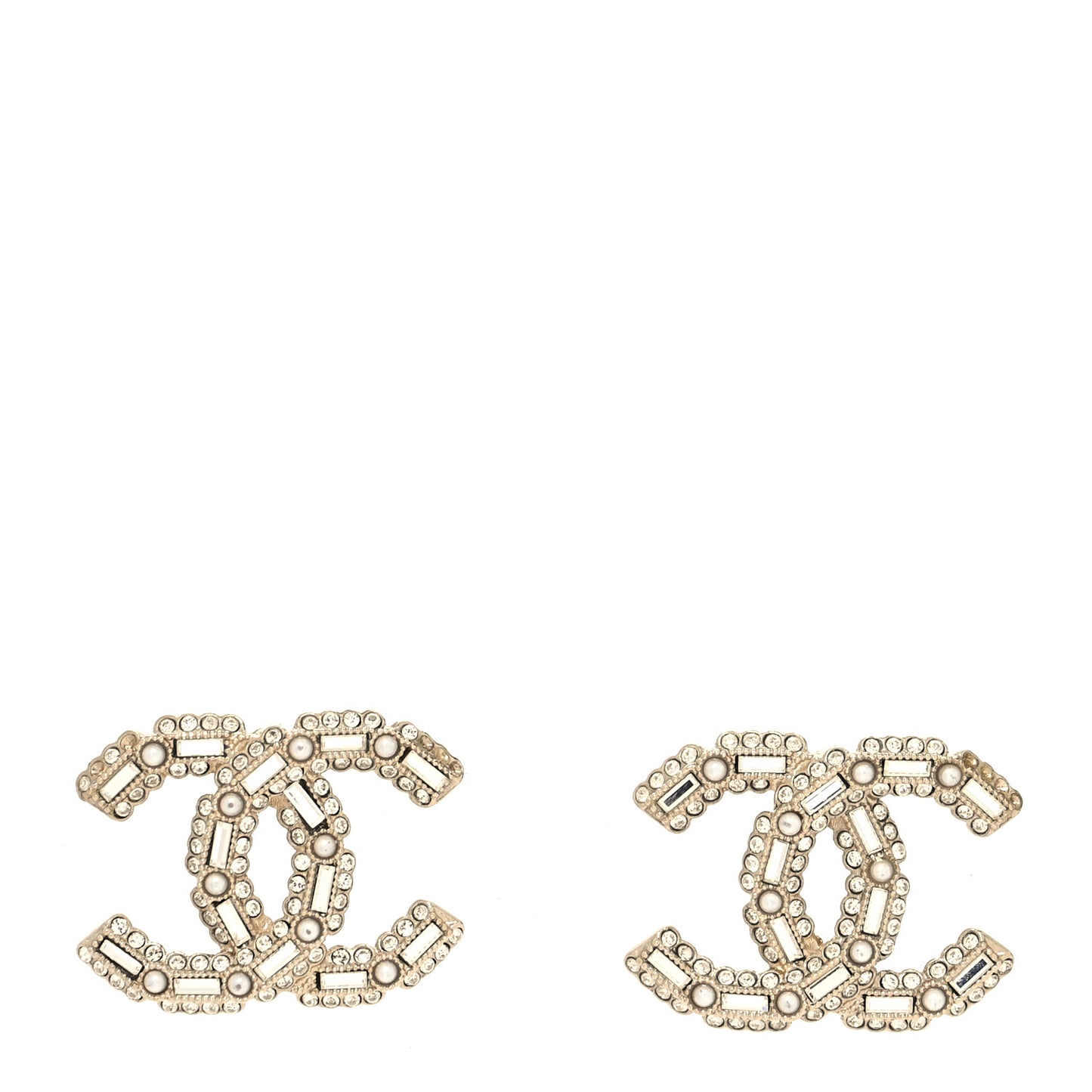 Crystal Baguette Pearl CC Earrings Gold Pearly White