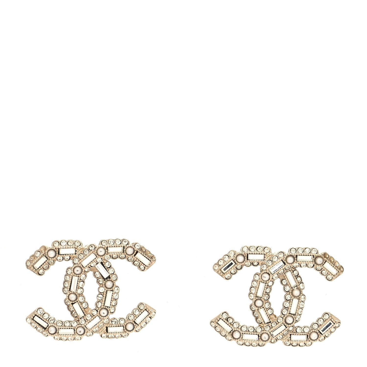 Chanel Crystal Baguette Pearl CC Earrings Gold Pearly White 1 of 4