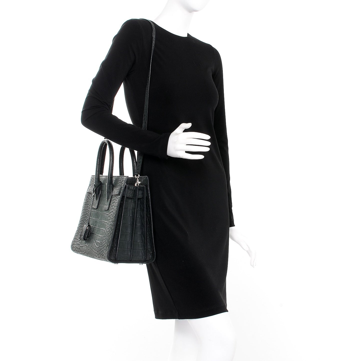 Calfskin Crocodile Embossed Small Sac de Jour Dusty Black