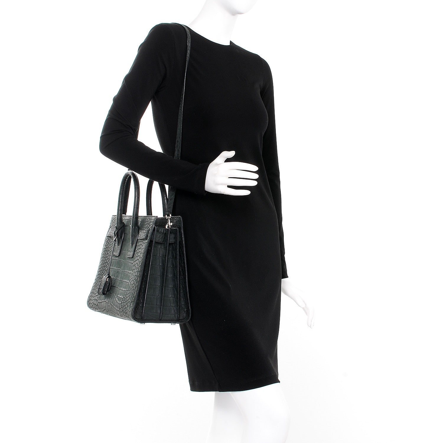 Saint Laurent Calfskin Crocodile Embossed Small Sac de Jour Dusty Black 2 of 14