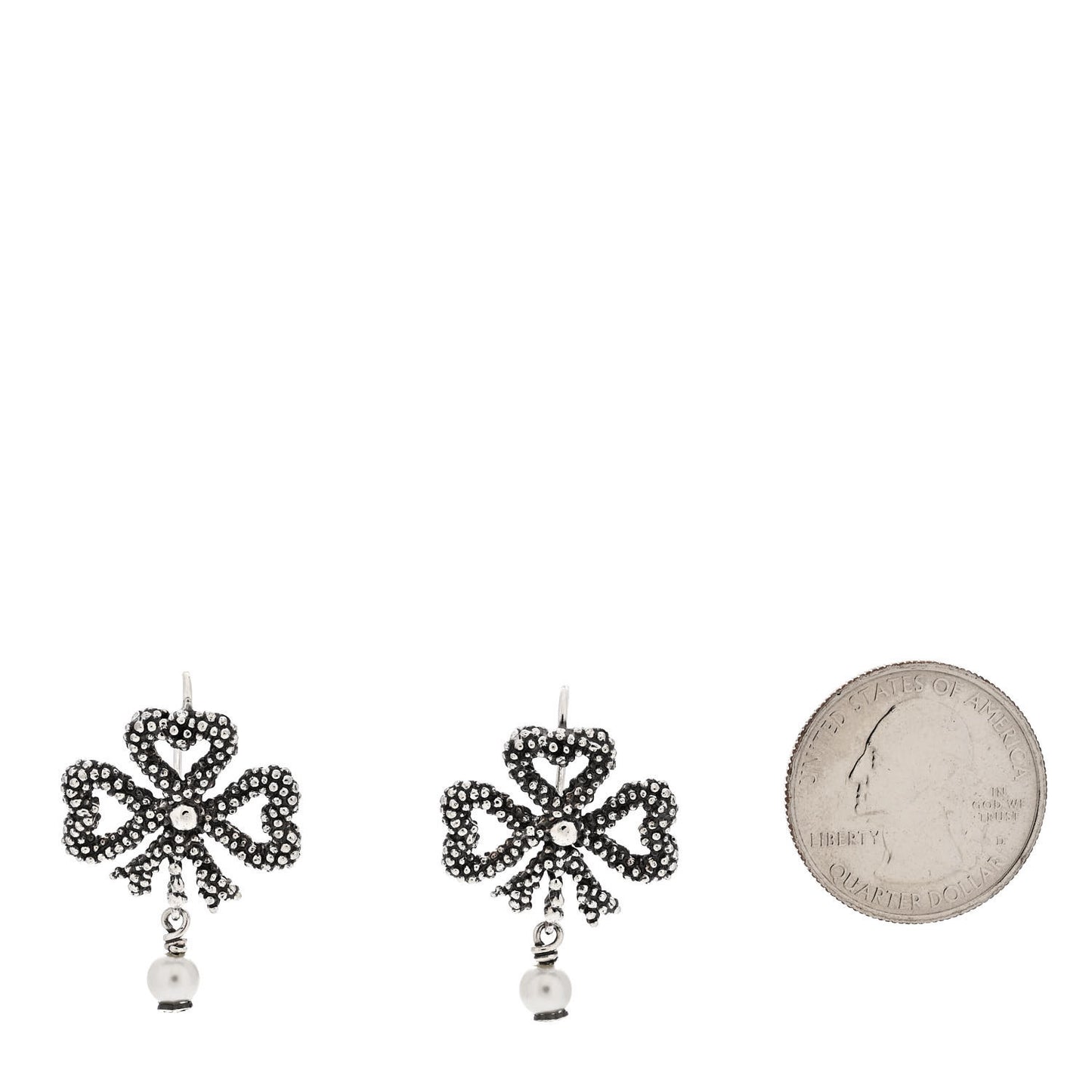Sterling Silver Glass Pearl Heart Ribbon Earrings