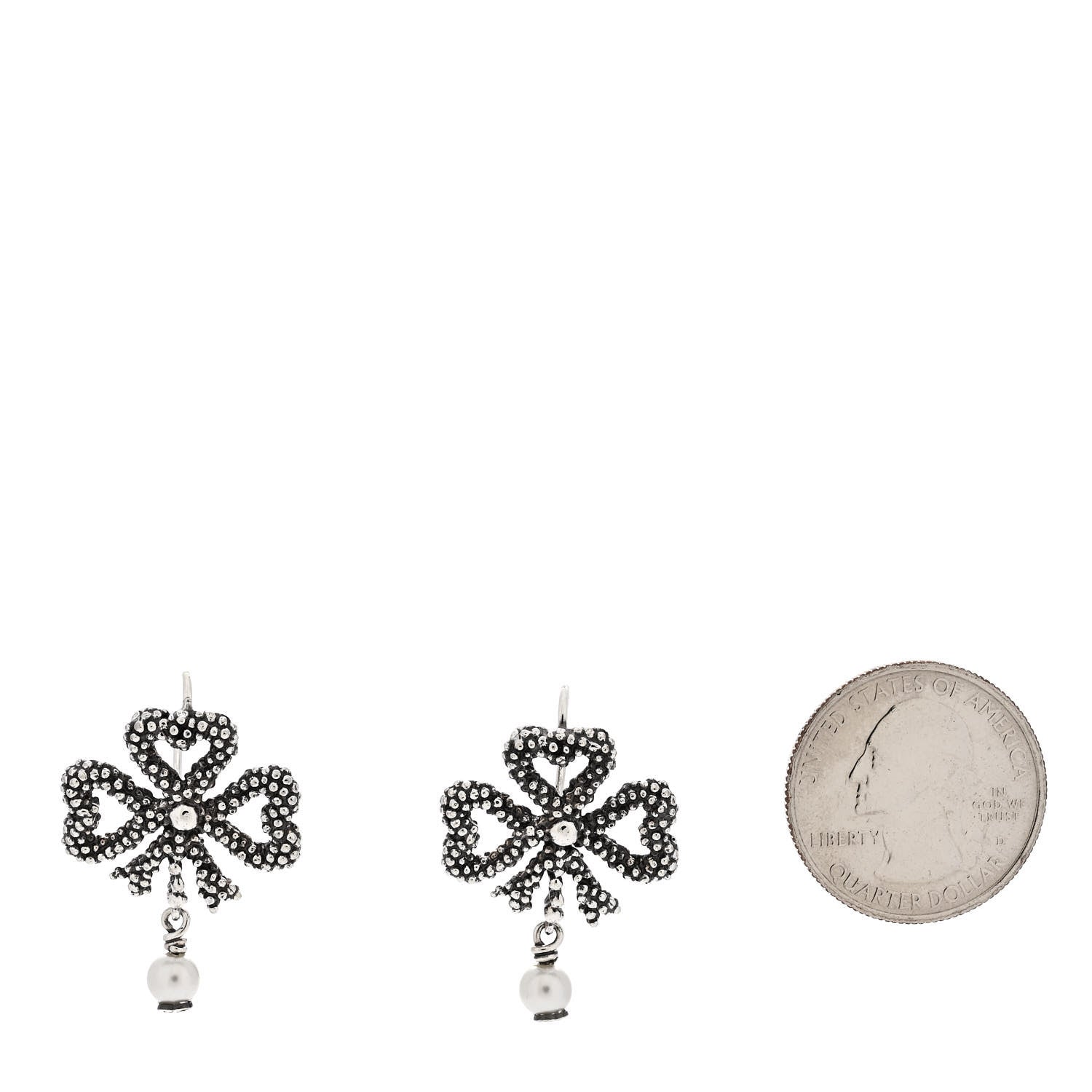 Gucci Sterling Silver Glass Pearl Heart Ribbon Earrings 2 of 5