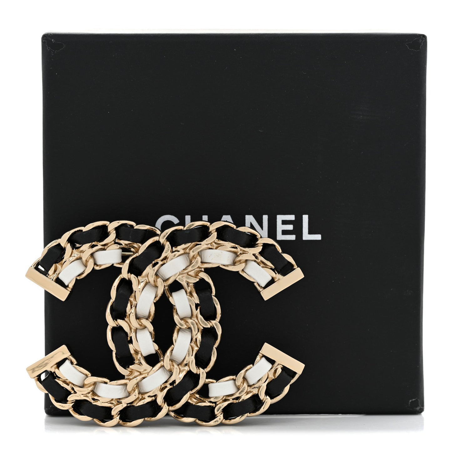 Lambskin Chain CC Brooch Black White Gold