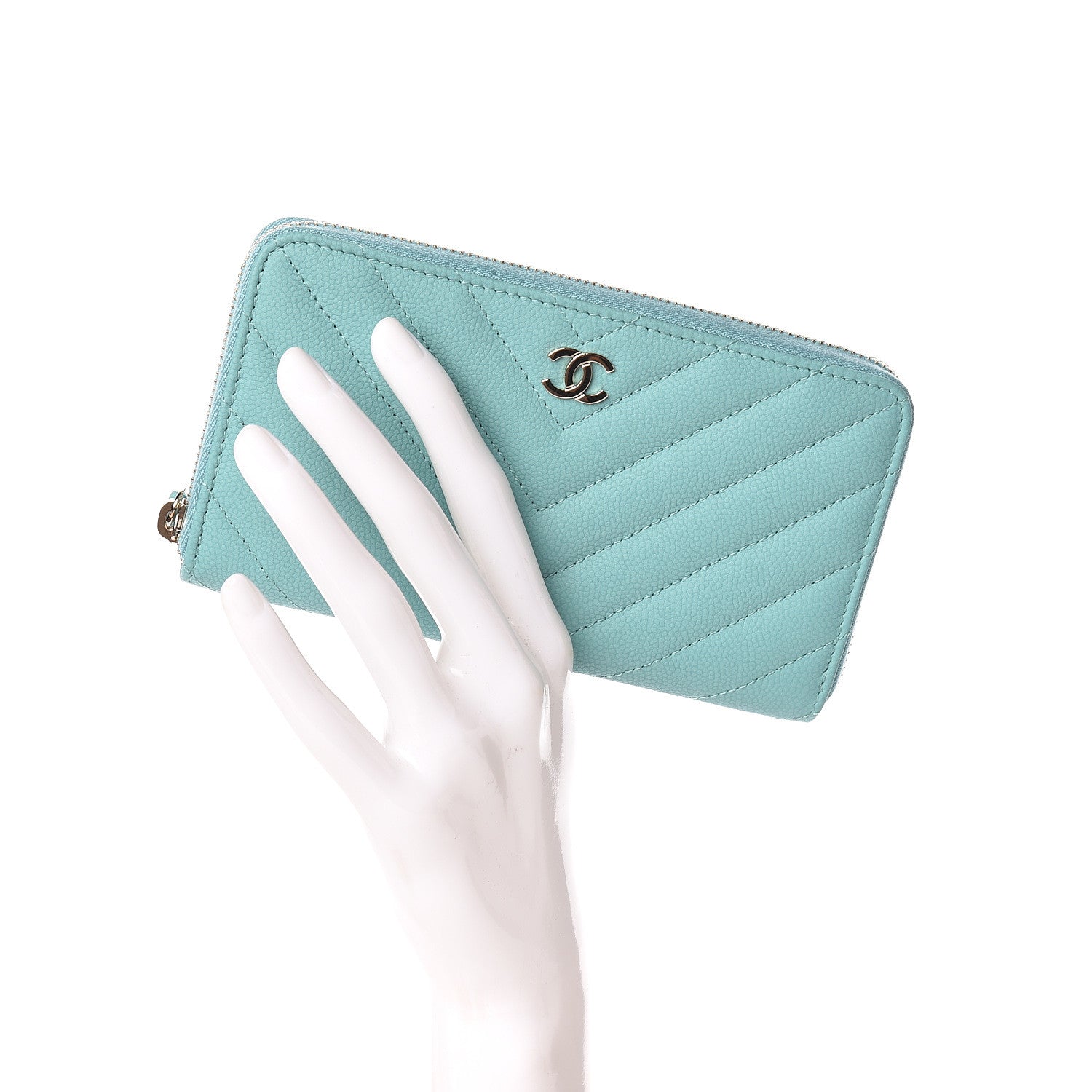 Chanel Caviar Chevron Quilted Small Zip Around Wallet Green 2 of 9