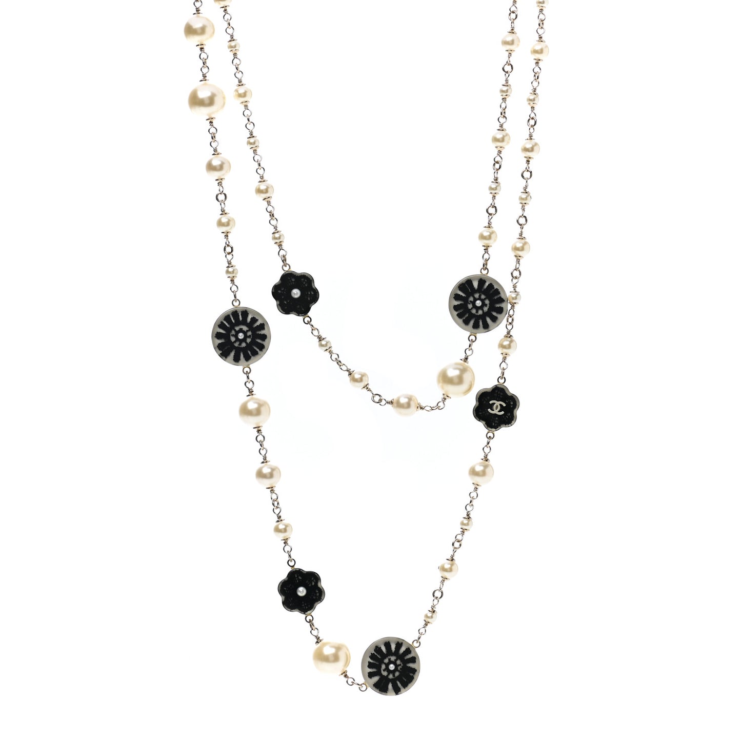 Pearl Resin Camellia CC Long Necklace Gold Pearly White Black