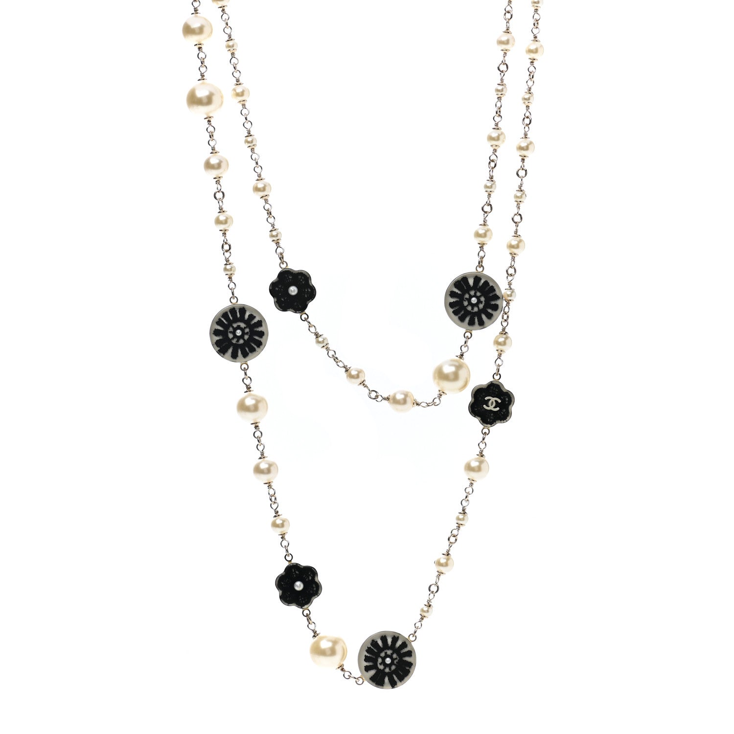 Chanel Pearl Resin Camellia CC Long Necklace Gold Pearly White Black 1 of 5