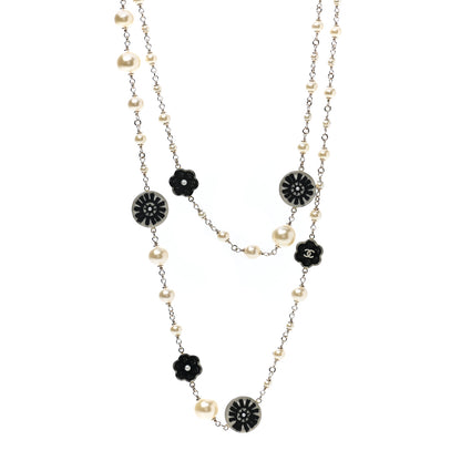 Chanel Pearl Resin Camellia CC Long Necklace Gold Pearly White Black 1 of 5