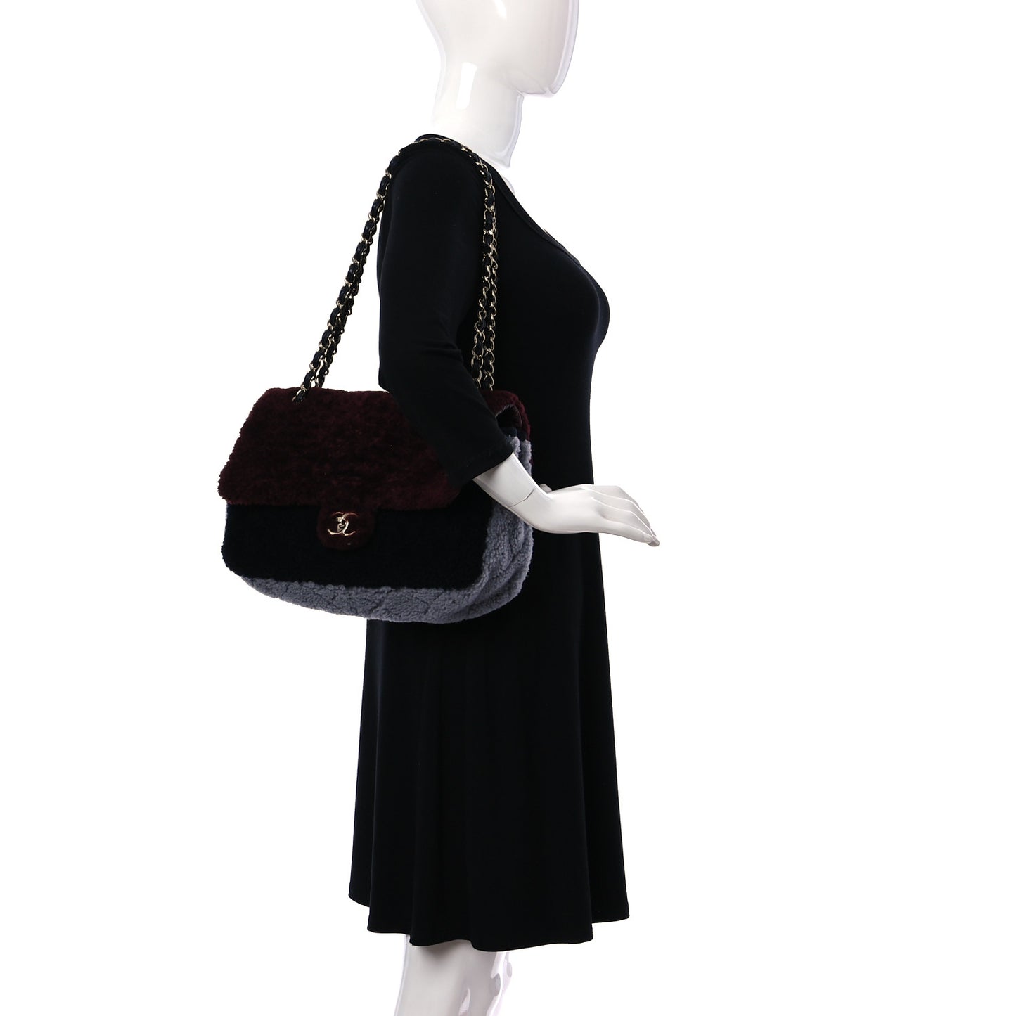 Shearling Sheepskin Quilted Tri-Color Flap Burgundy Black Grey