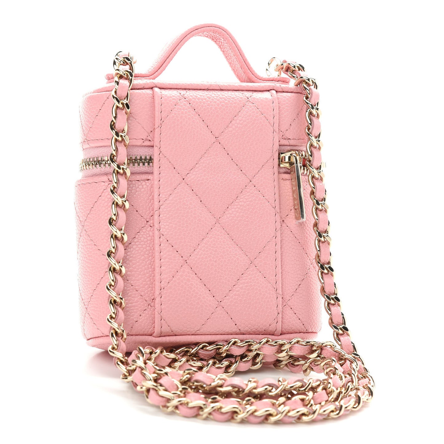 Caviar Quilted Small Handle With Care Vanity Case With Chain Pink