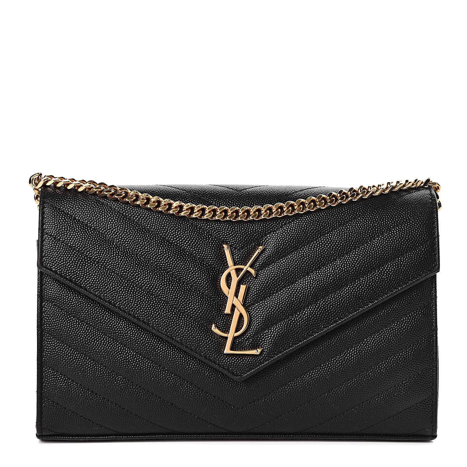 Saint Laurent Grain De Poudre Matelasse Chevron Monogram Chain Wallet Black 1 of 13