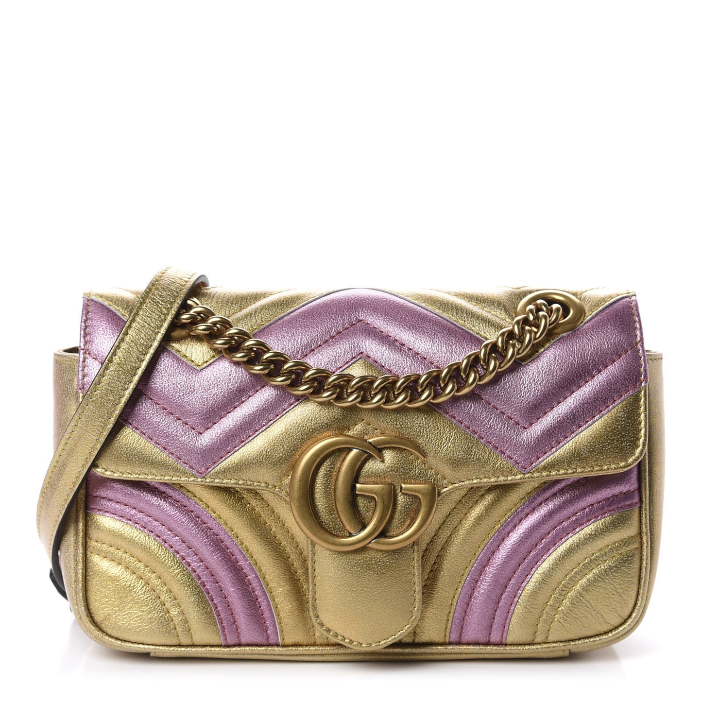 Metallic Calfskin Matelasse Mini GG Marmont Shoulder Bag Gold Pink