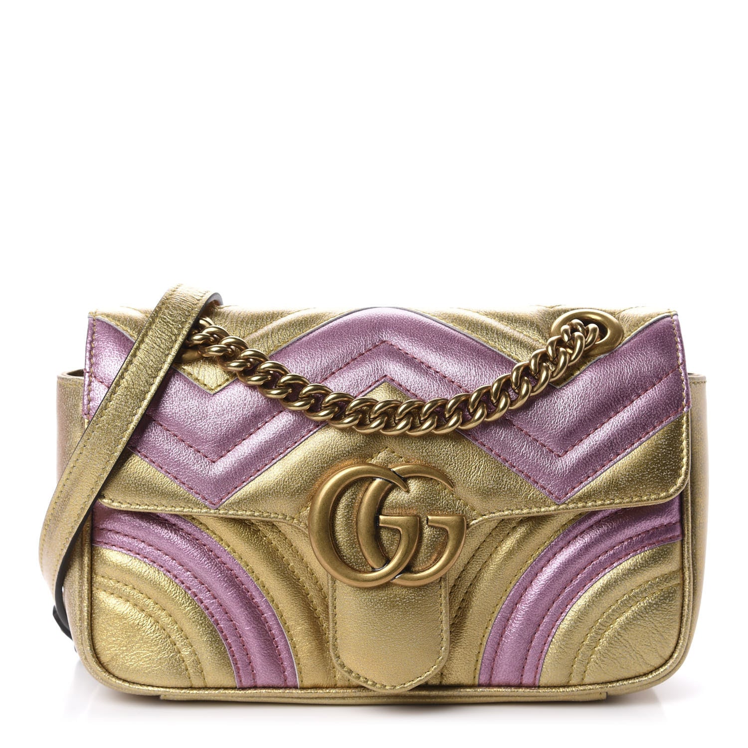 Gucci Metallic Calfskin Matelasse Mini GG Marmont Shoulder Bag Gold Pink 1 of 10