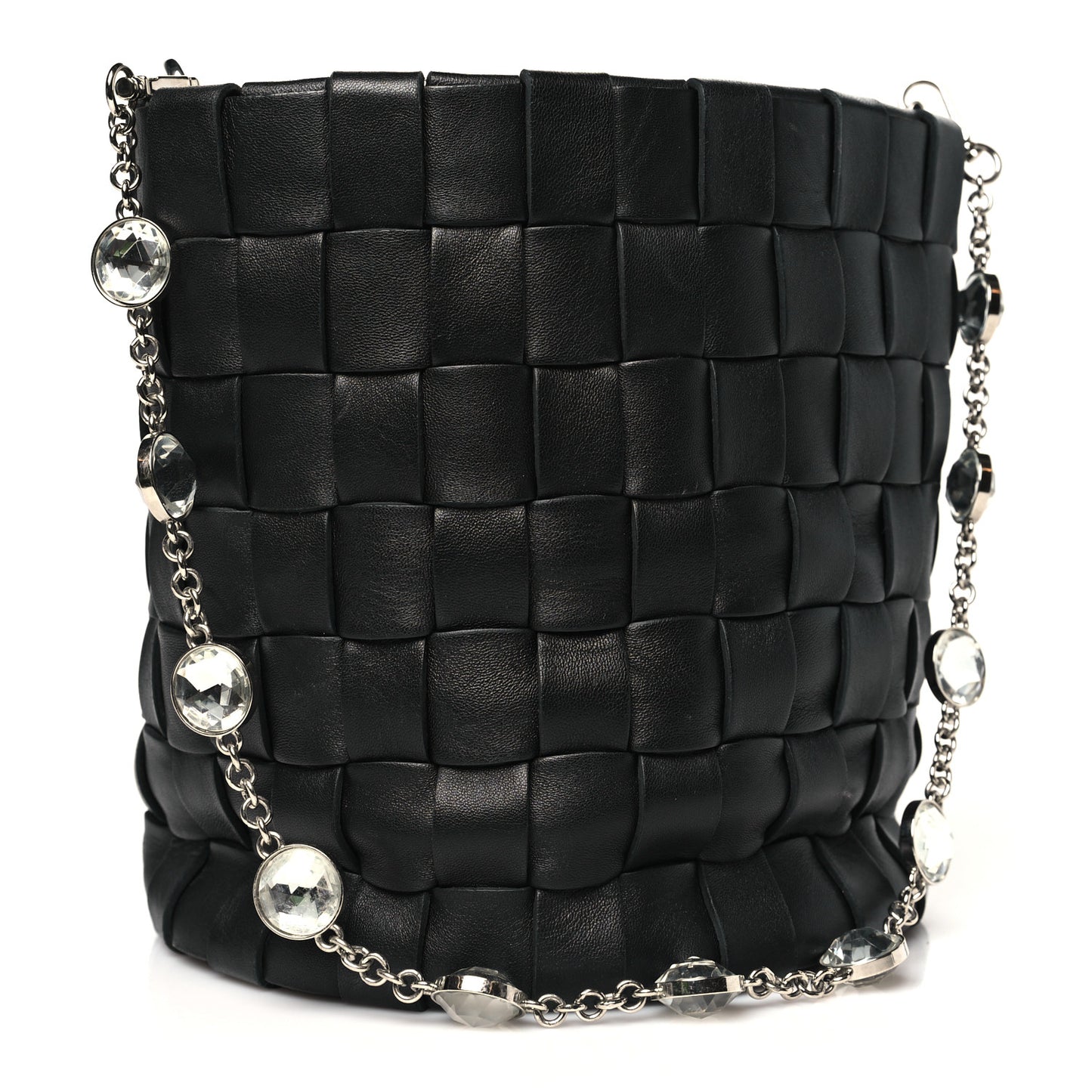 Nappa Woven Crystal Chain Bucket Bag Black