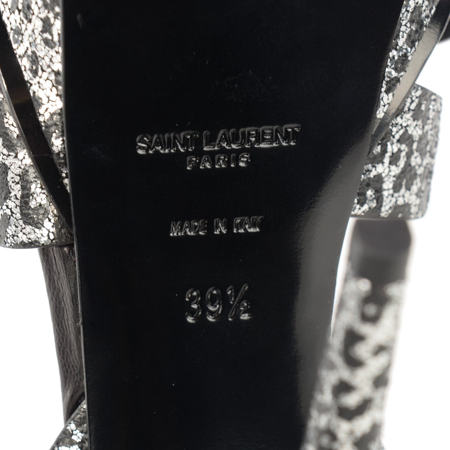 Metallic Calfskin Leopard Print Tribute 105 Platform Sandals 39 Black Silver