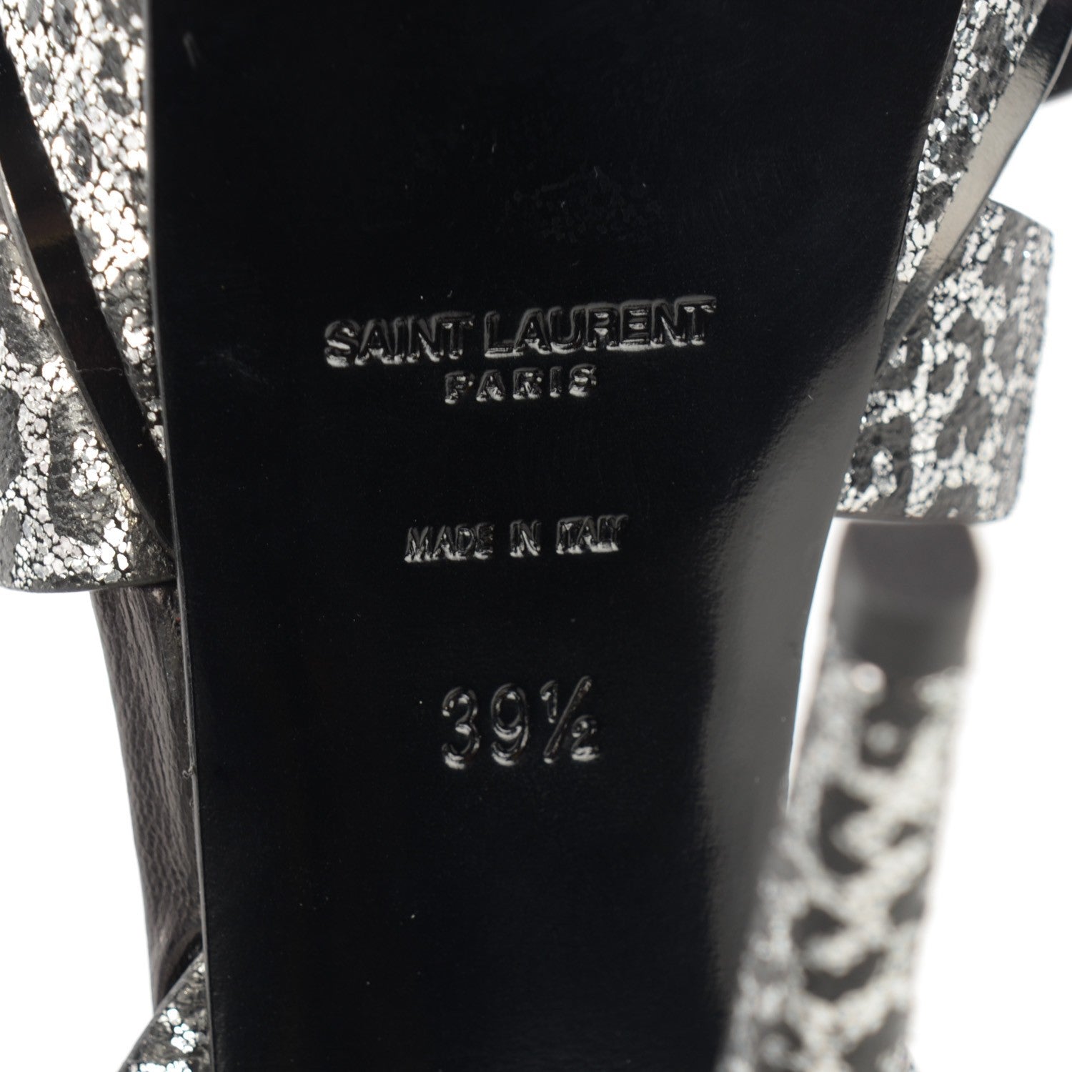 Saint Laurent Metallic Calfskin Leopard Print Tribute 105 Platform Sandals 39 Black Silver 7 of 9