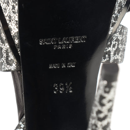 Saint Laurent Metallic Calfskin Leopard Print Tribute 105 Platform Sandals 39 Black Silver 7 of 9