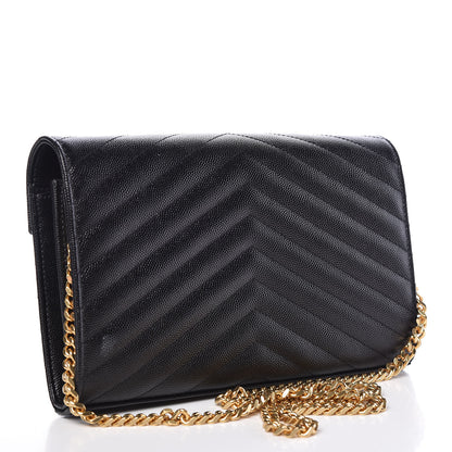 Saint Laurent Grain De Poudre Matelasse Chevron Monogram Chain Wallet Black 3 of 10