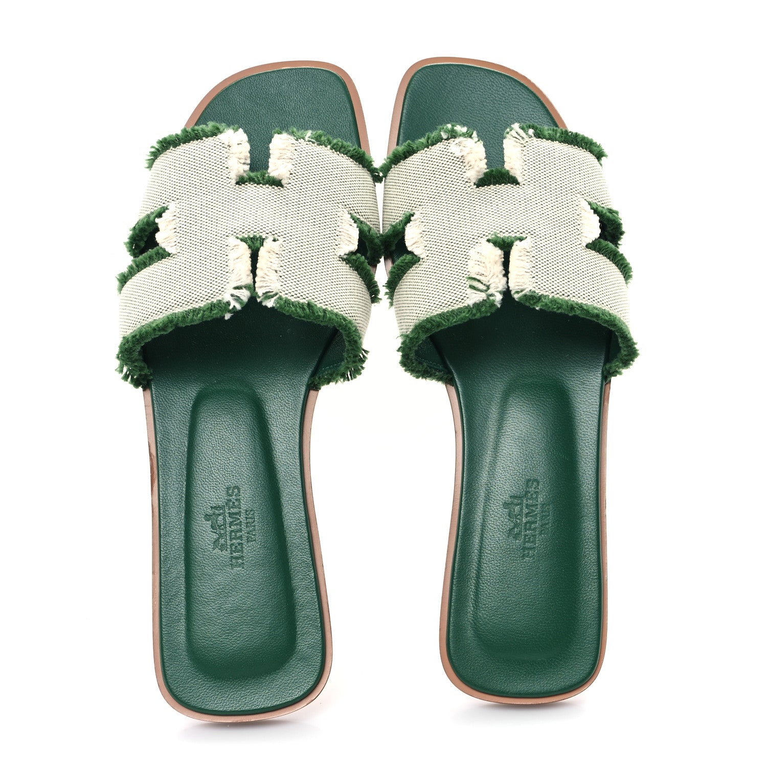 Hermes Calfskin Canvas Oran Fringe Sandals 37.5 Vert 2 of 10