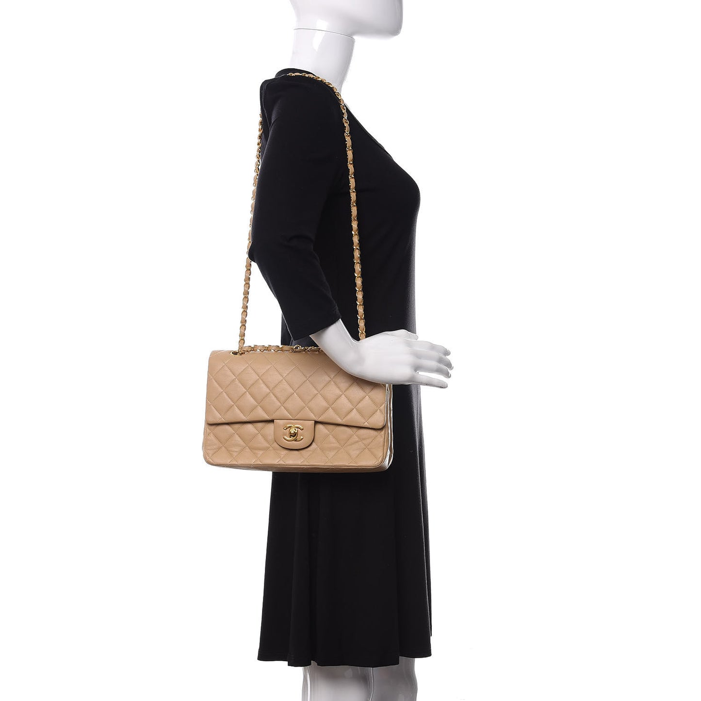 Lambskin Quilted Medium Double Flap Beige