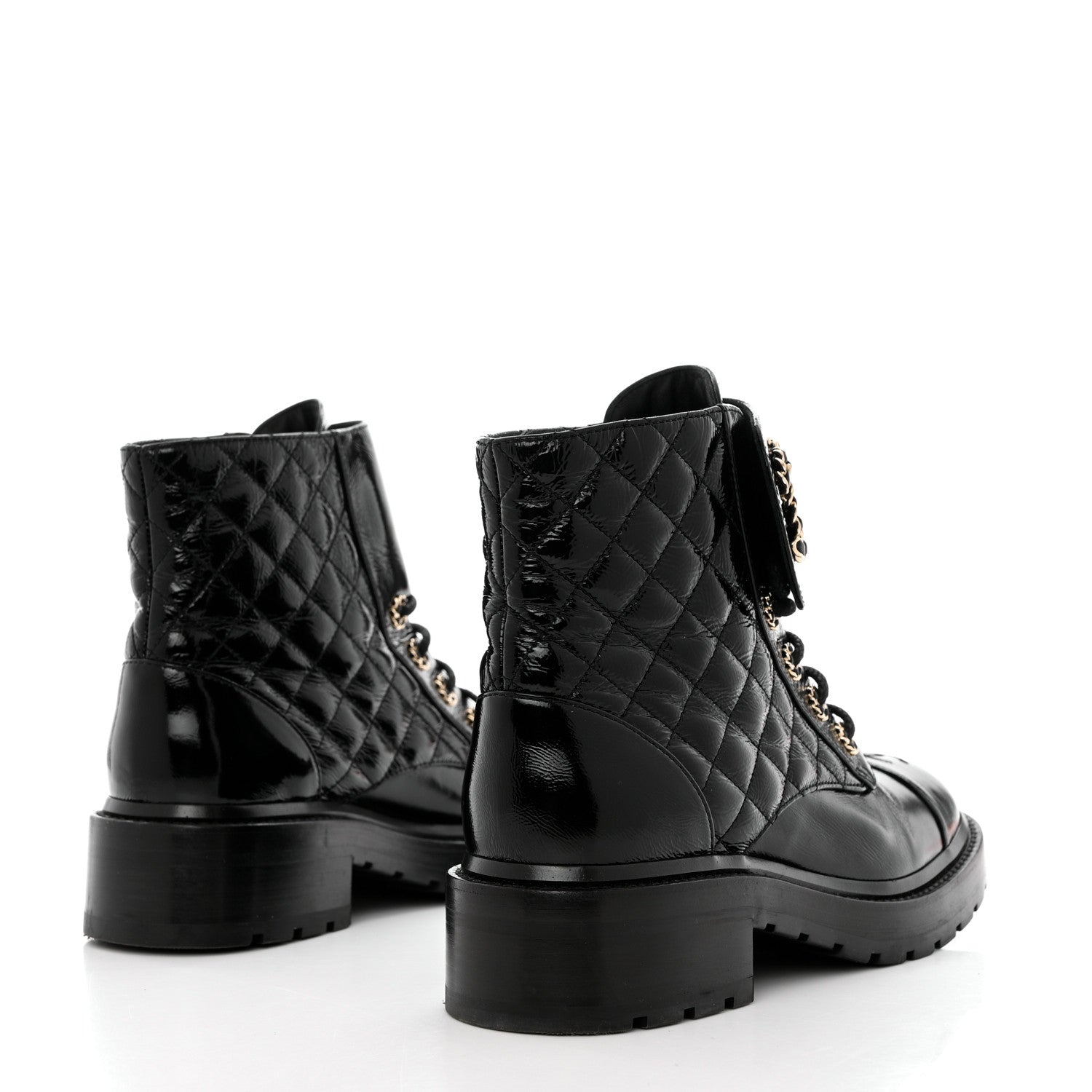 Chanel Shiny Goatskin Calfskin Quilted Lace Up Combat Boots 38 Black 4 of 10