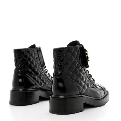 Chanel Shiny Goatskin Calfskin Quilted Lace Up Combat Boots 38 Black 4 of 10