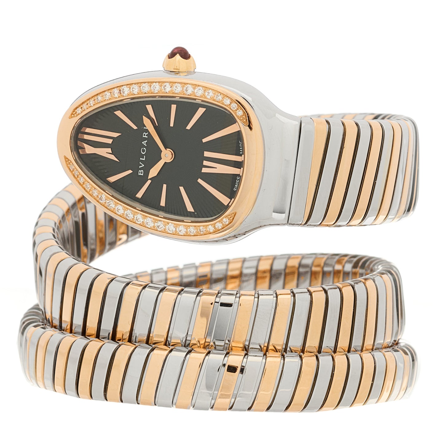 Stainless Steel 18K Rose Gold Diamond Bezel 35mm Serpenti Tubogas Double Spiral Quartz Watch Black