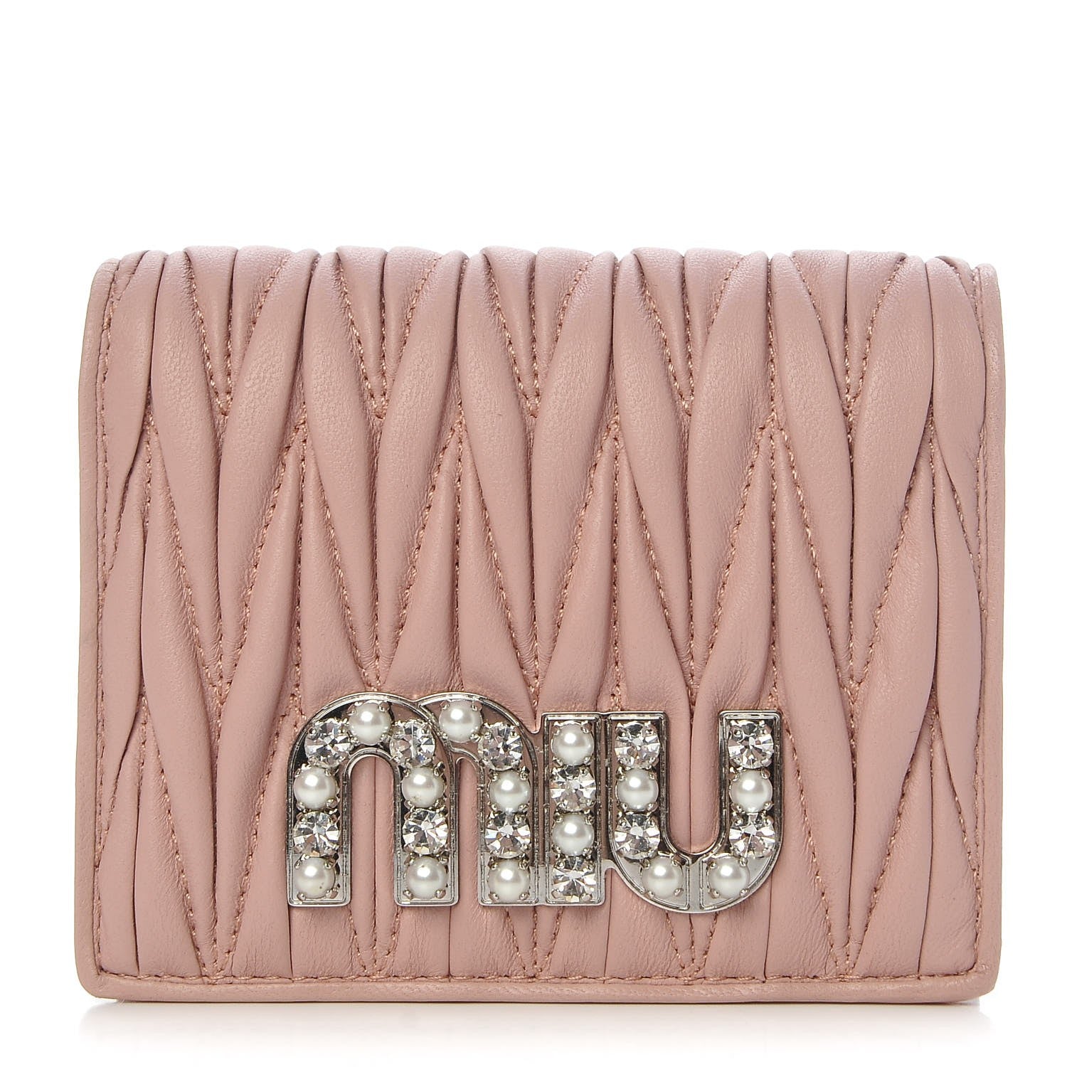 Miu Miu Nappa Matelasse Crystal Pearl Logo Compact Wallet Orchidea 1 of 8