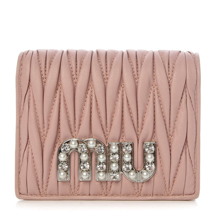 Miu Miu Nappa Matelasse Crystal Pearl Logo Compact Wallet Orchidea 1 of 8