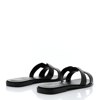 Hermes Box Calfskin Oran Sandals 37.5 Black 4 of 9