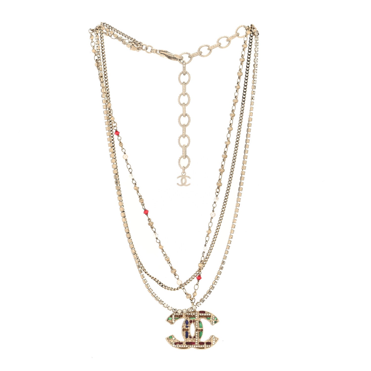Chanel Crystal Pearl Tweed Effect Multi Strand CC Short Necklace Gold Red Green 3 of 5
