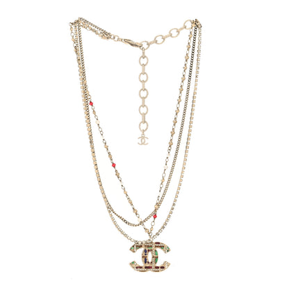 Chanel Crystal Pearl Tweed Effect Multi Strand CC Short Necklace Gold Red Green 3 of 5