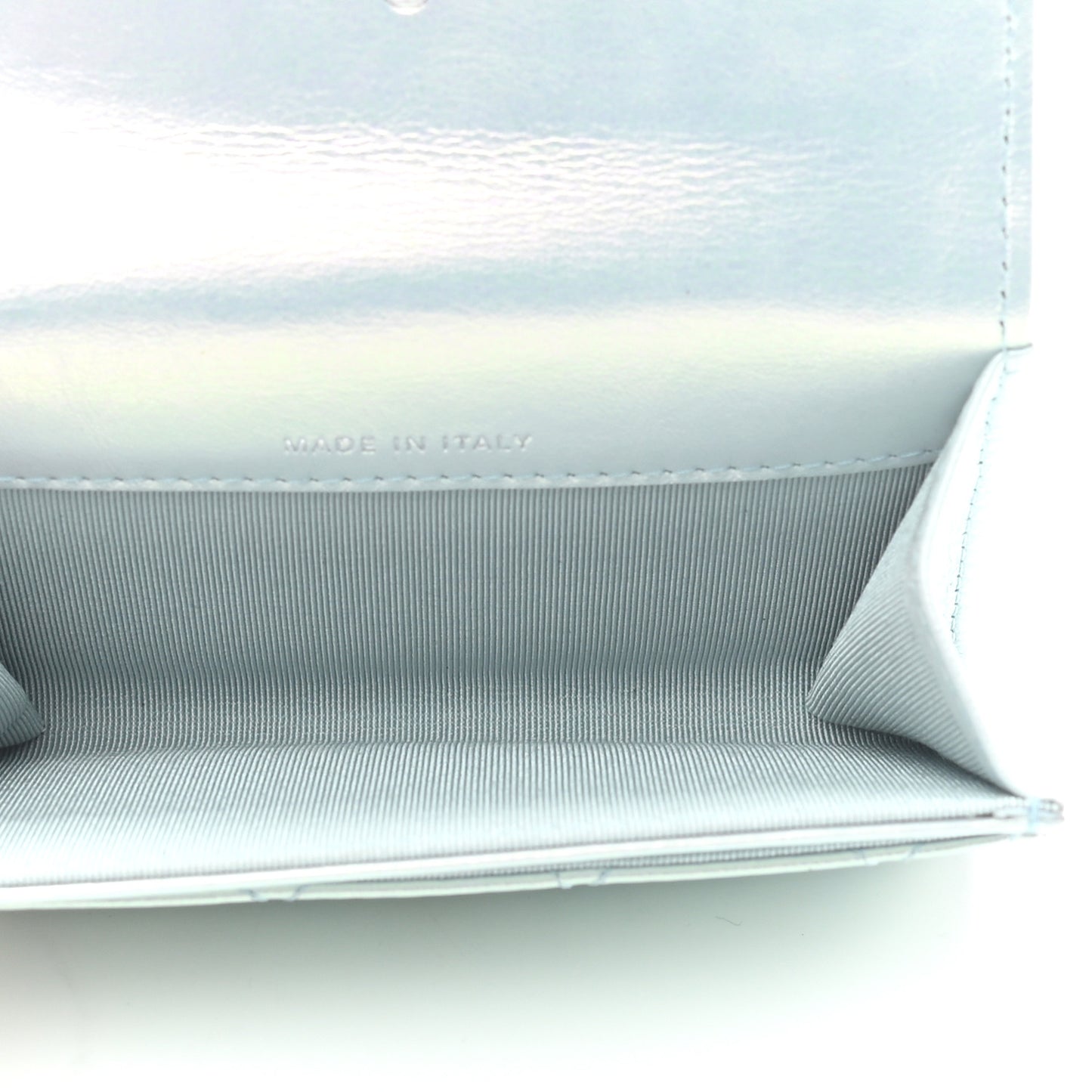 Iridescent Calfskin Quilted Flap Card Holder Light Blue