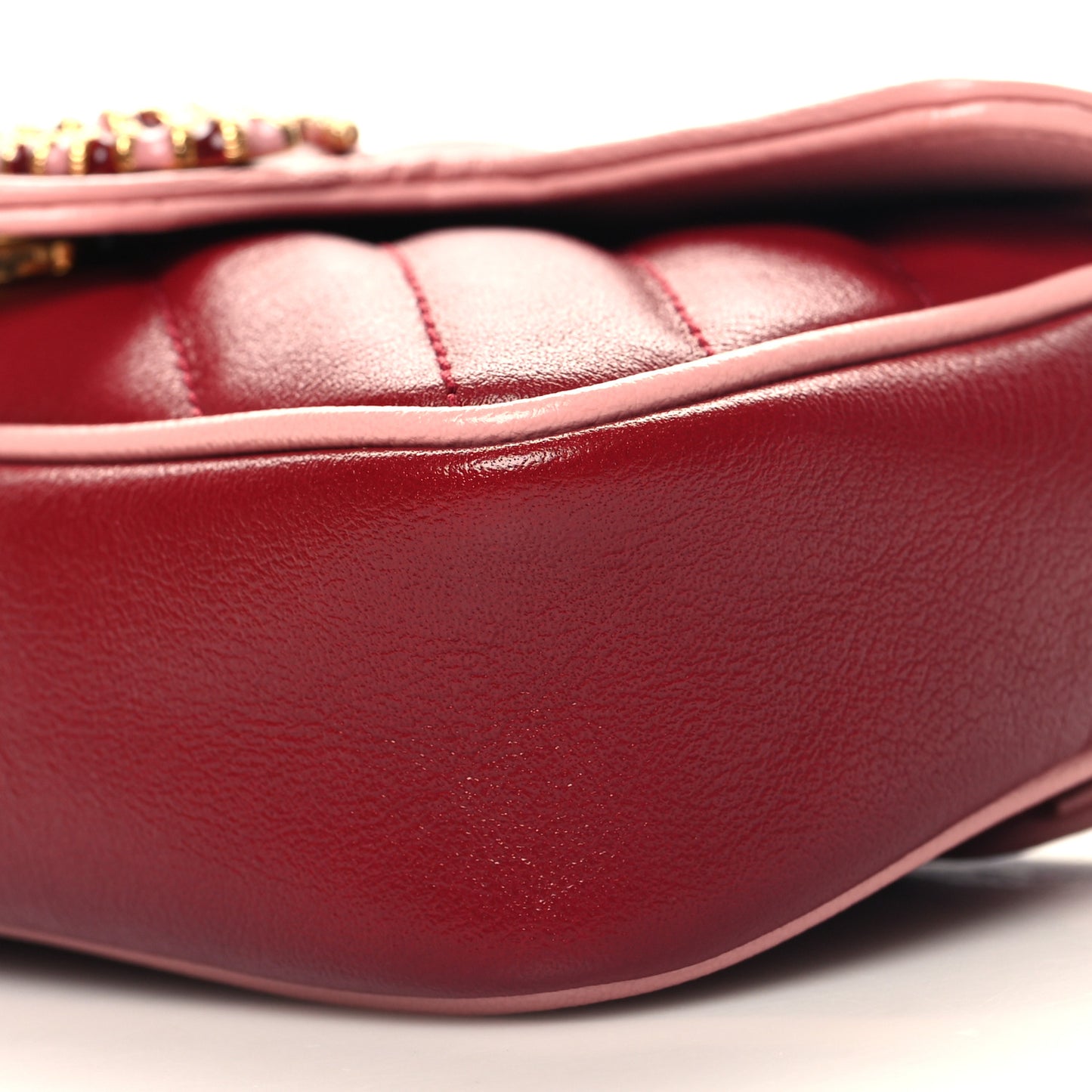Azalea Calfskin Enamel Matelasse Diagonal Super Mini Torchon GG Marmont Shoulder Bag New Cherry Red Wild Rose