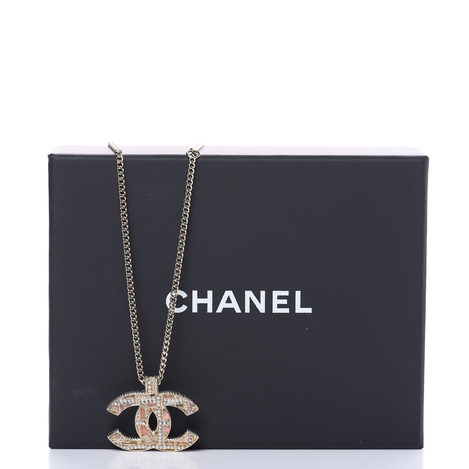 Chanel Crystal Pearl Tweed Effect CC Necklace Gold 5 of 5