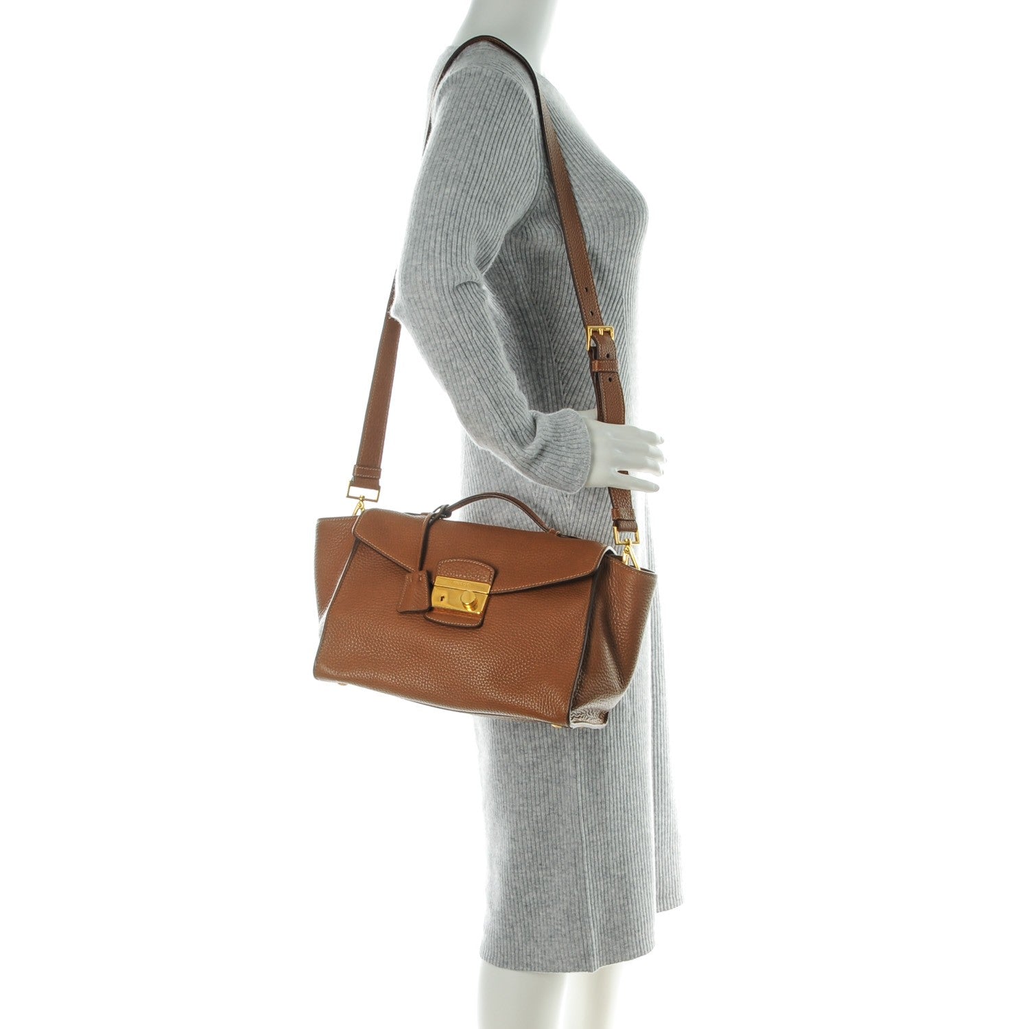 Prada Vitello Daino Sound Twin Pocket Satchel Brandy 2 of 9
