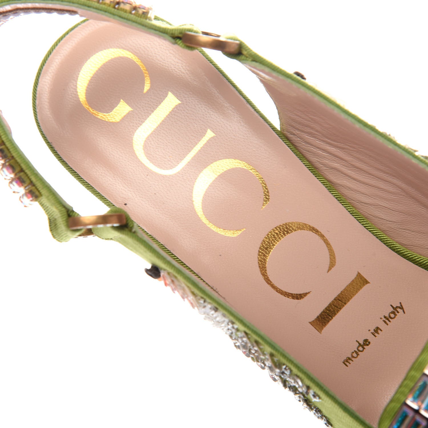 Gucci Moire Fabric Eyes Crystal Square G Madelyn Slingbacks 35.5 Lemon Leaf 6 of 9