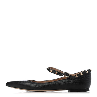 Valentino Garavani Pebbled Calfskin Rockstud Ankle Strap Ballerina Flats 36 Black 1 of 8
