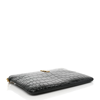 Saint Laurent Calfskin Crocodile Embossed Tablet Pouch Black 4 of 9