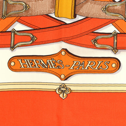 Hermes Cashmere Silk Cavalcadour Shawl 140 Orange White Brun 2 of 4