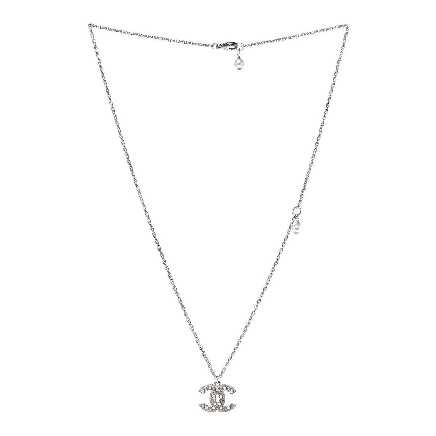 Pearl Crystal CC Pendant Necklace Silver