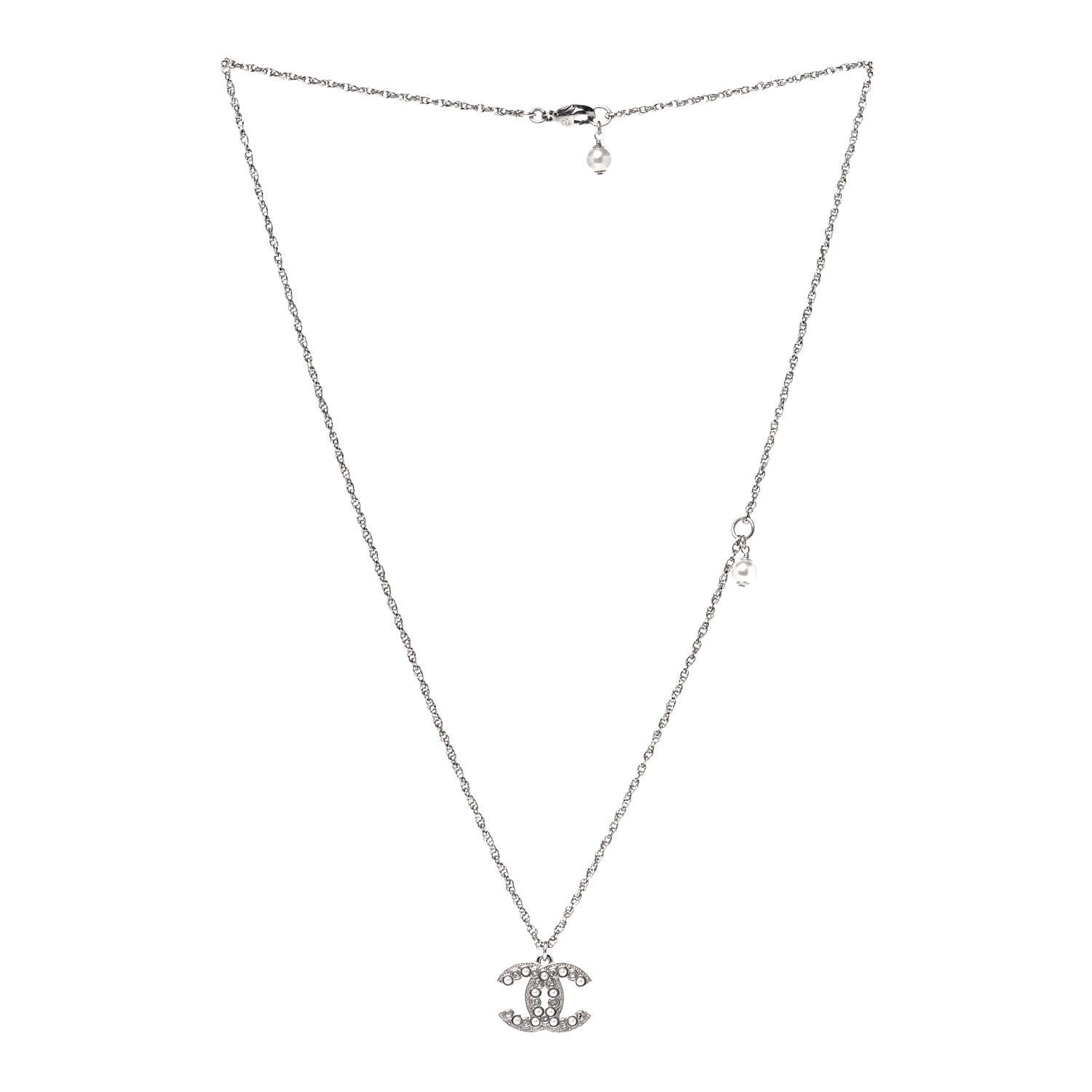 Chanel Pearl Crystal CC Pendant Necklace Silver 3 of 5