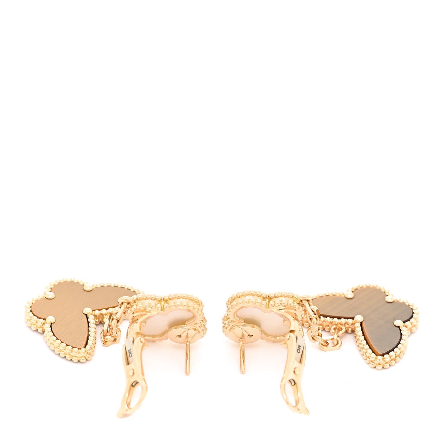 18K Yellow Gold Mother of Pearl Tiger's Eye Lucky Alhambra 2 Motifs Butterfly Earrings