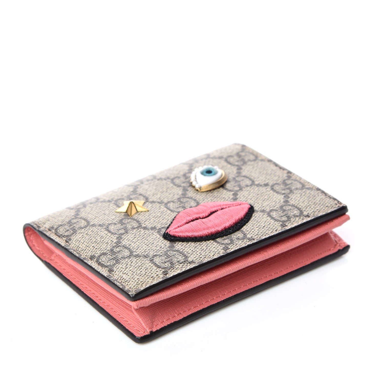 GG Supreme Monogram Face Embroidered Card Case Wallet Pink