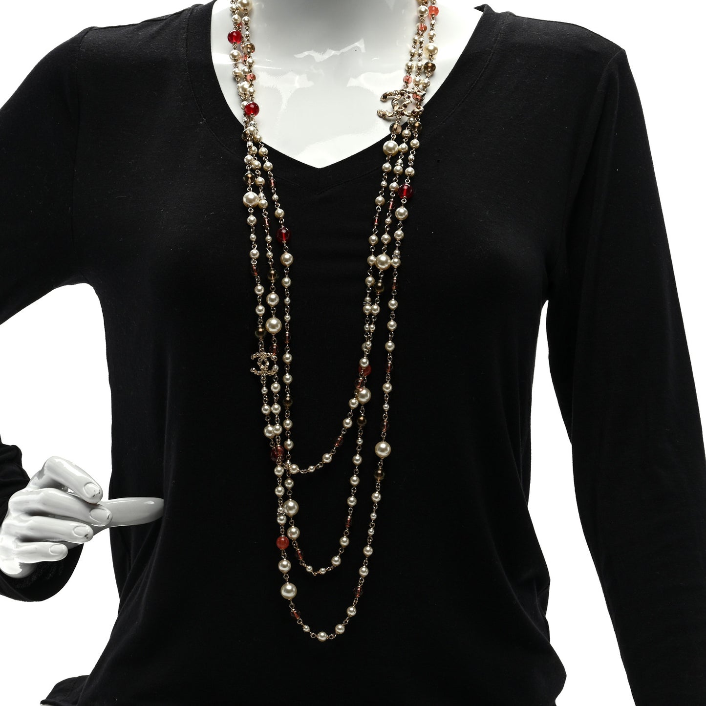 Pearl Bead Multi Strand CC Long Necklace Gold