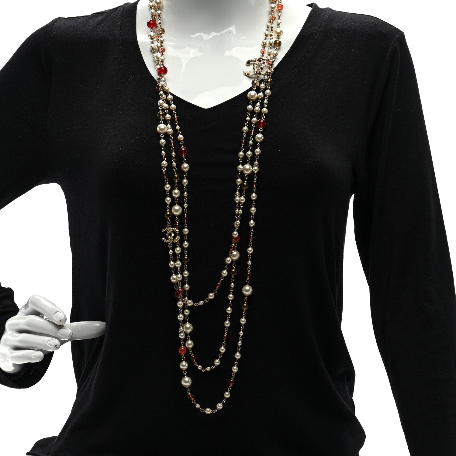 Chanel Pearl Bead Multi Strand CC Long Necklace Gold 2 of 4