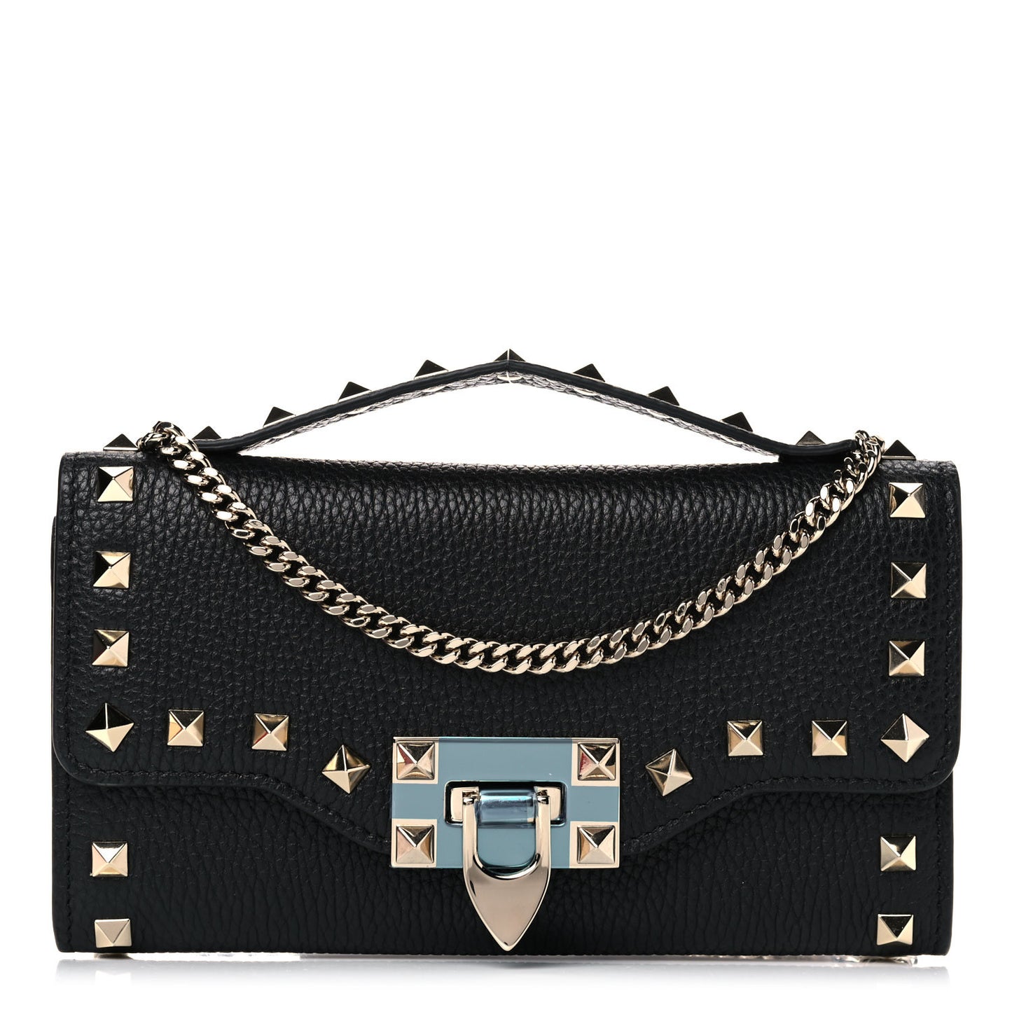 Pebbled Calfskin Rockstud Flip Lock Wallet On Chain Black