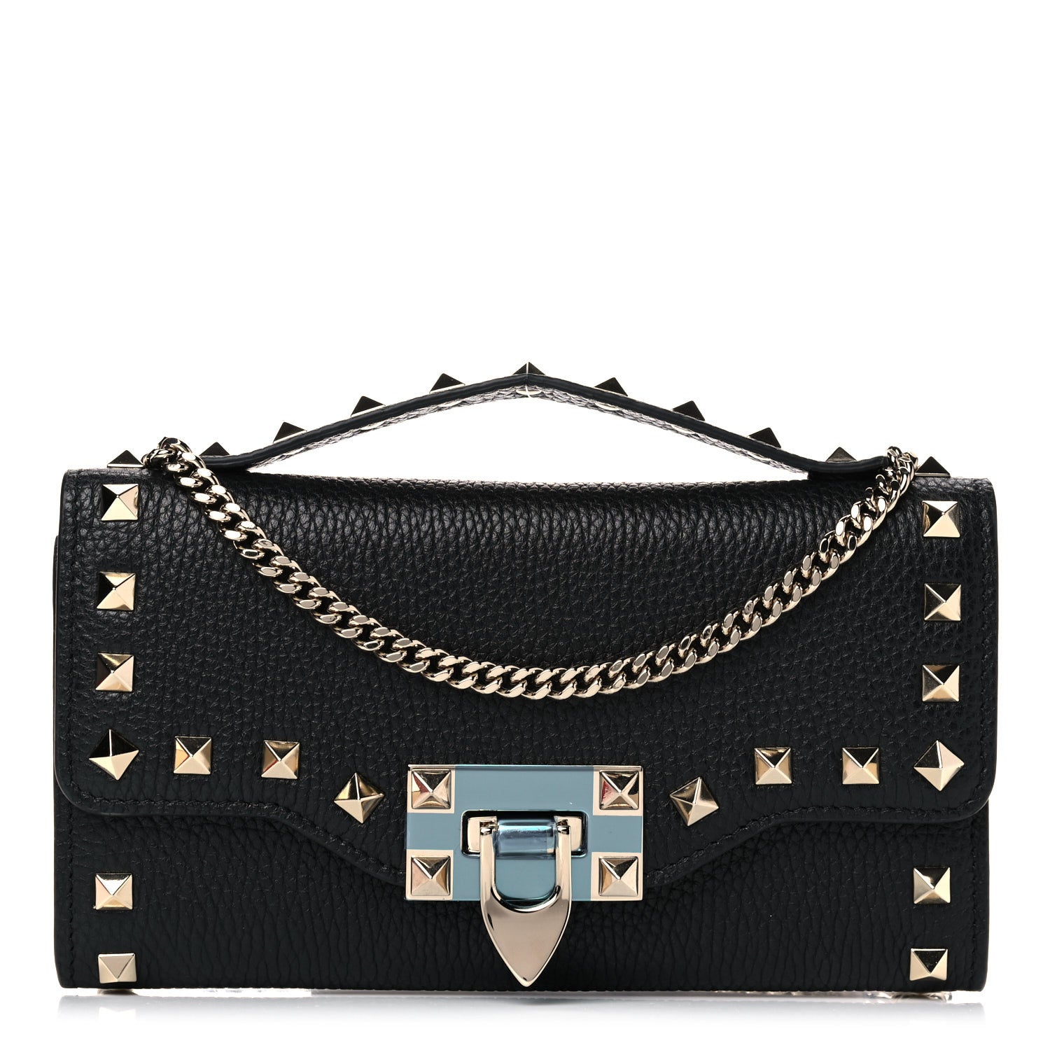 Valentino Garavani Pebbled Calfskin Rockstud Flip Lock Wallet On Chain Black 1 of 15