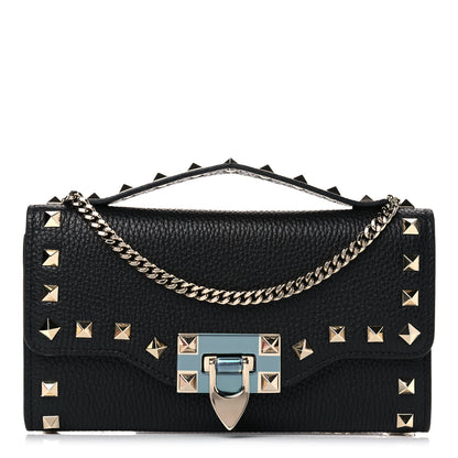 Valentino Garavani Pebbled Calfskin Rockstud Flip Lock Wallet On Chain Black 1 of 15