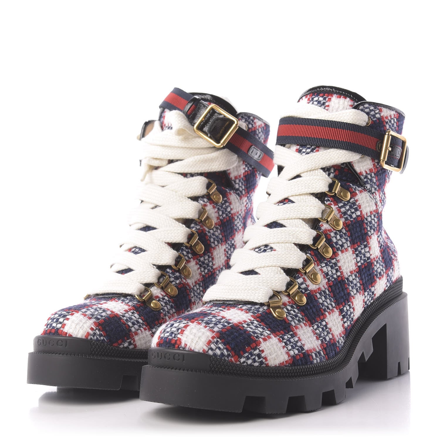 Gucci Vintage Tweed Check Lace Up Combat Ankle Boots 39 White Hibiscus Red Marine 3 of 12
